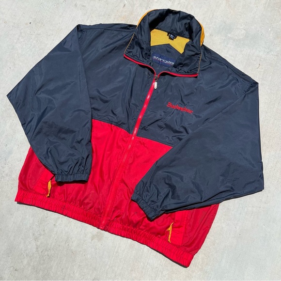 Mens vintage 80s Budweiser beer navy and red zip hooded rain windbreaker jacket - Picture 4 of 4